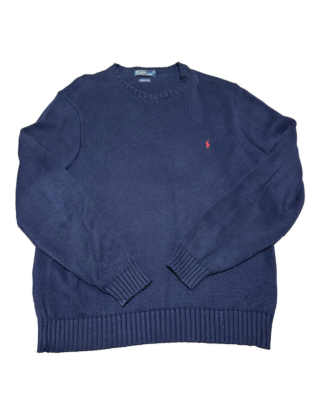 Polo Ralph Lauren Fisherman Knit Sweater Men L Large Navy Blue Cotton Crewneck